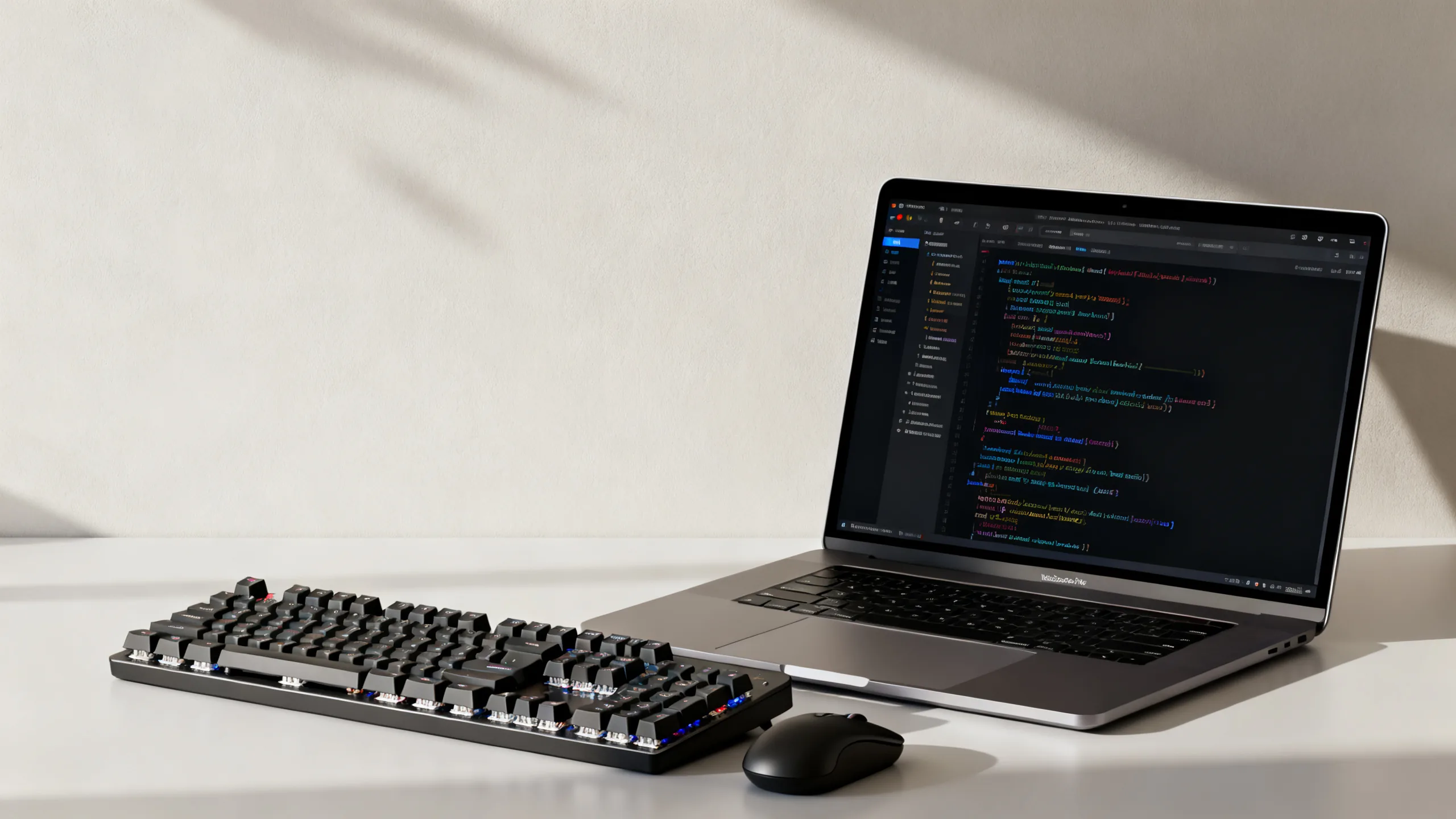 Laptop programmer dengan kode di layar, keyboard mekanis, dan setup kerja profesional